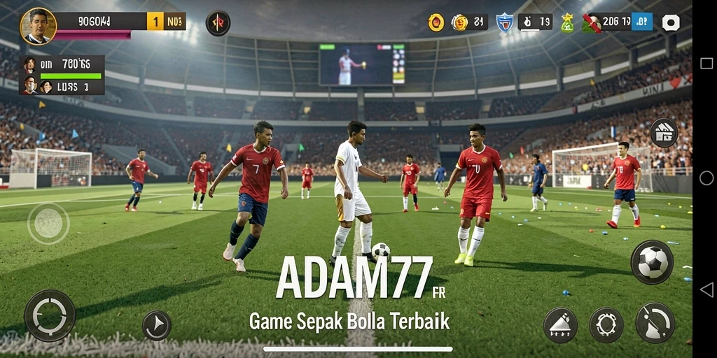 Tampilan gameplay seru dalam ADAM77 dengan aksi sepak bola realistis.