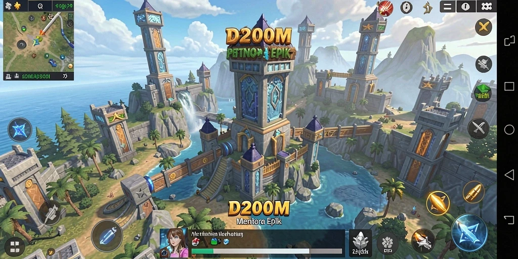 Screenshot gameplay D200M dengan menara dan serangan musuh.