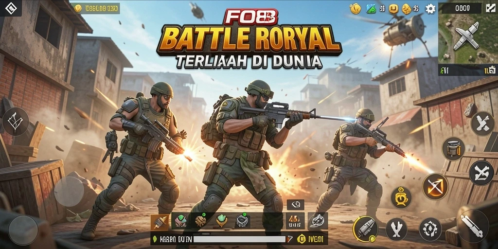Screenshot utama FO8 menampilkan aksi seru di medan tempur Battle Royale.