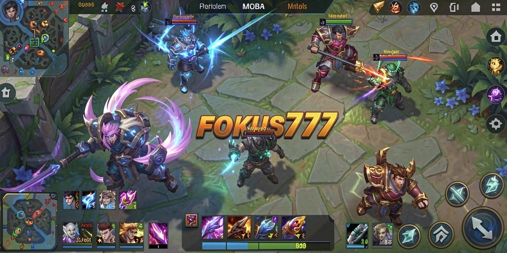 Gameplay MOBA yang menarik dengan karakter unik dan arena pertempuran.