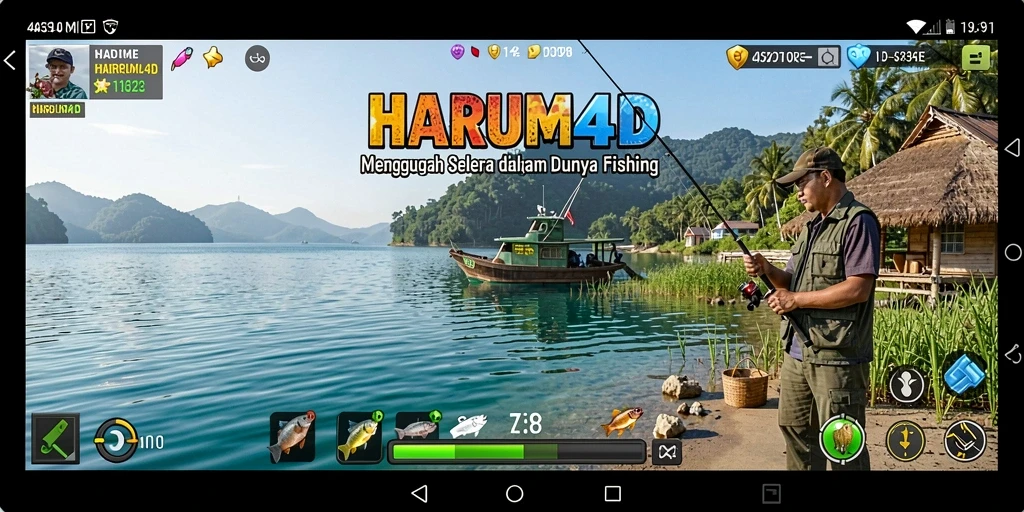 Tampilan gameplay HARUM4D dengan suasana memancing yang menenangkan.