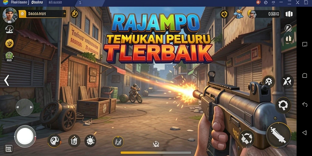 Tangkapan layar utama dari RAJAMPO menampilkan aksi tembak-menembak yang intens.