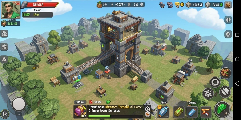 Screenshot utama SD107 menunjukkan gameplay menara bertahan yang intens.